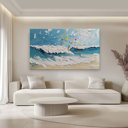 Dynamic Ocean Waves Oil Painting with Surfer and Whimsical Clouds