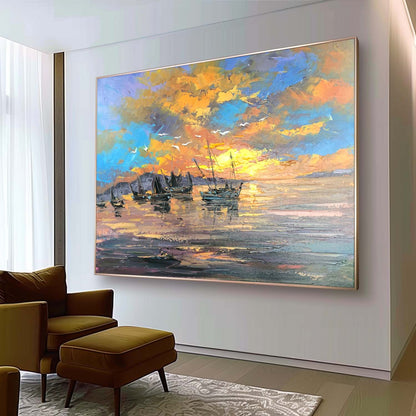 Vibrant Sunset Over Calm Waters with Fishing Boats - Oil Painting