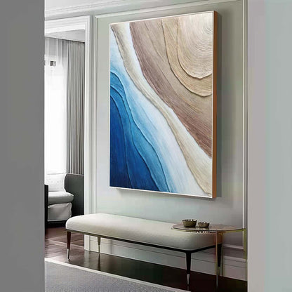 Abstract Ocean Waves Oil Painting with Textured Layers in Blues and Neutrals