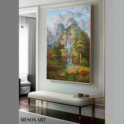 Serene Waterfall Landscape Oil Painting for Tranquil Home Décor