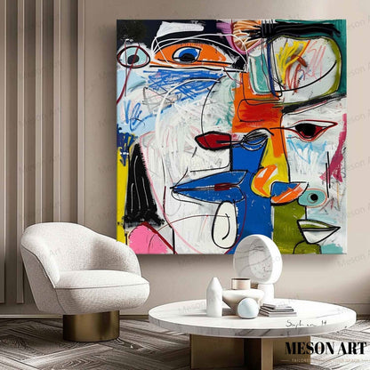 Colorful Abstract Faces Oil Painting for Modern Art Decor