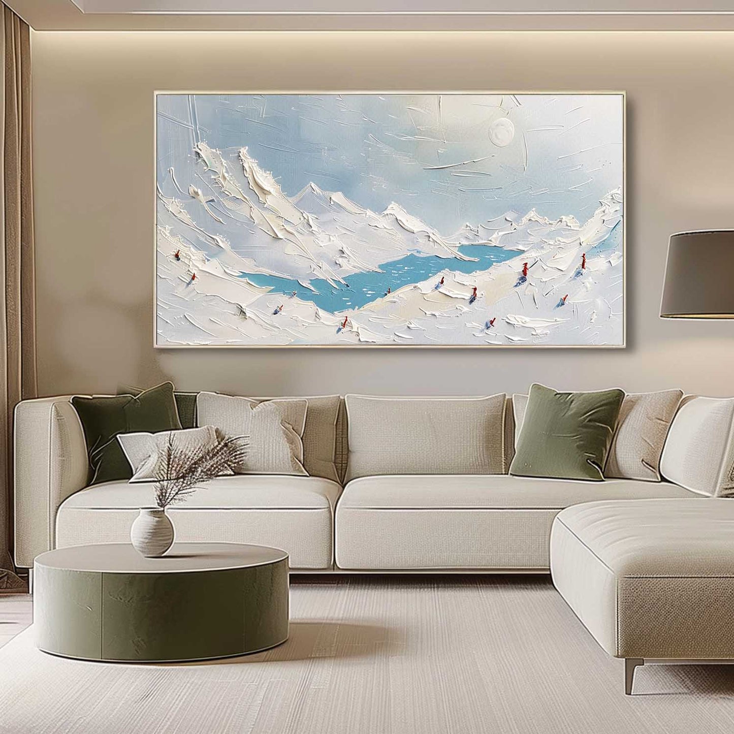 Snowy Mountain Landscape Oil Painting with Textured Plaster Finish