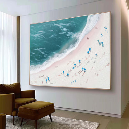 Serene Beachscape Oil Painting with Vibrant Ocean and Sunbathers