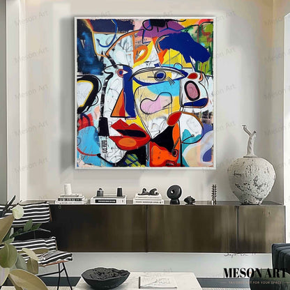 Vibrant Abstract Expressionist Face Art for Modern Home Decor