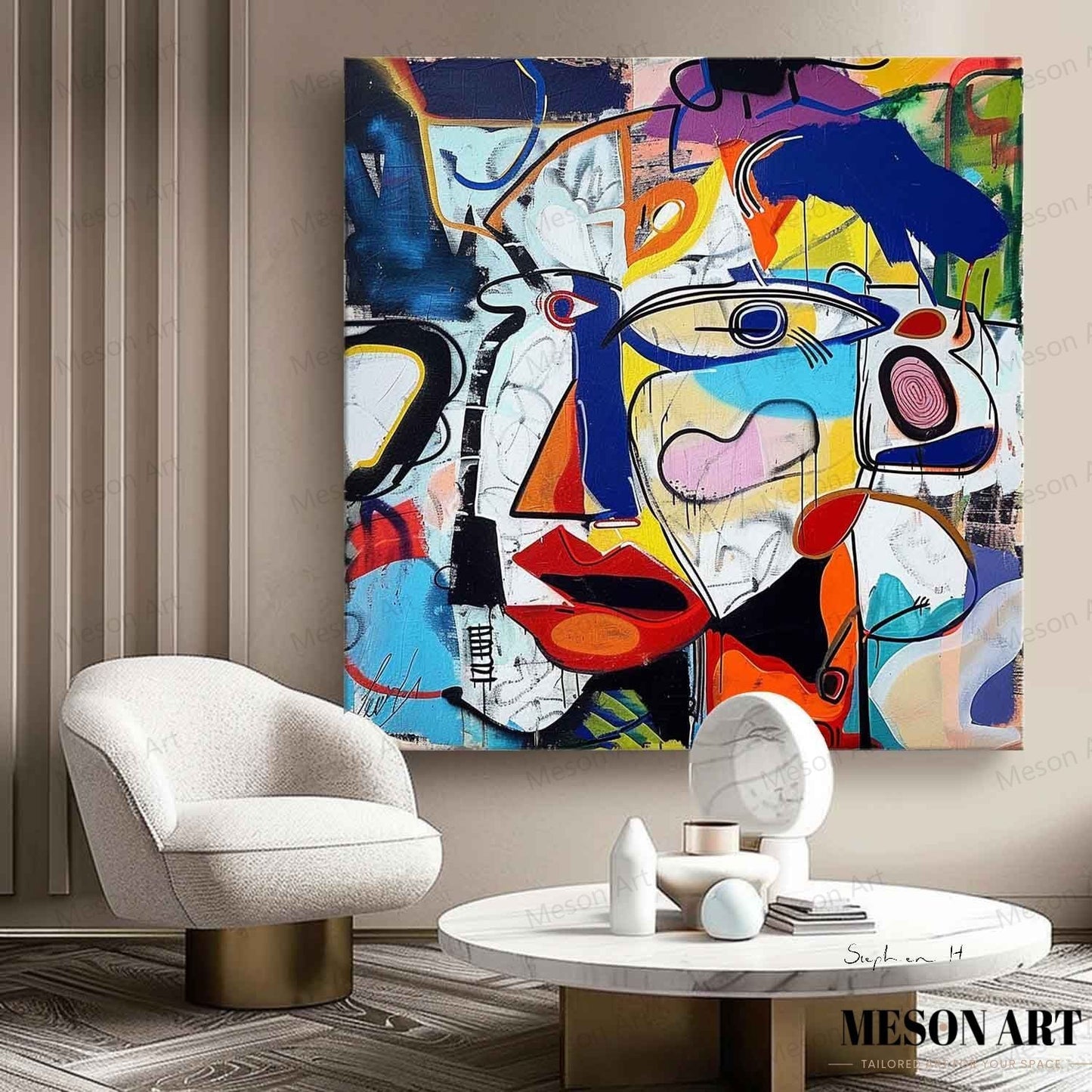 Vibrant Abstract Expressionist Face Art for Modern Home Decor