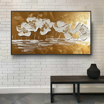 Elegant White Flower Oil Painting with Gold Background for Home Decor