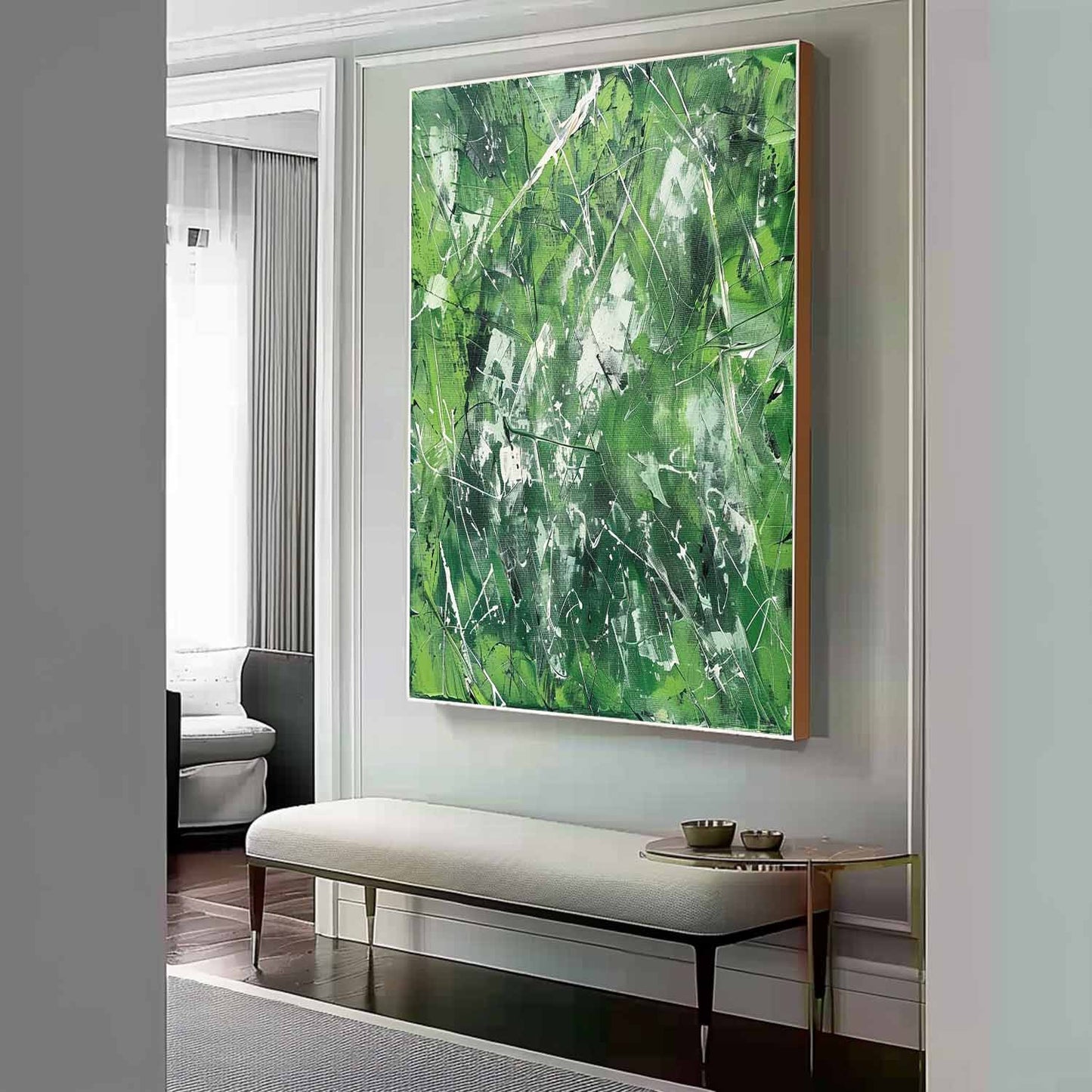 Vibrant Green Abstract Expressionism Oil Painting for Modern Home Decor