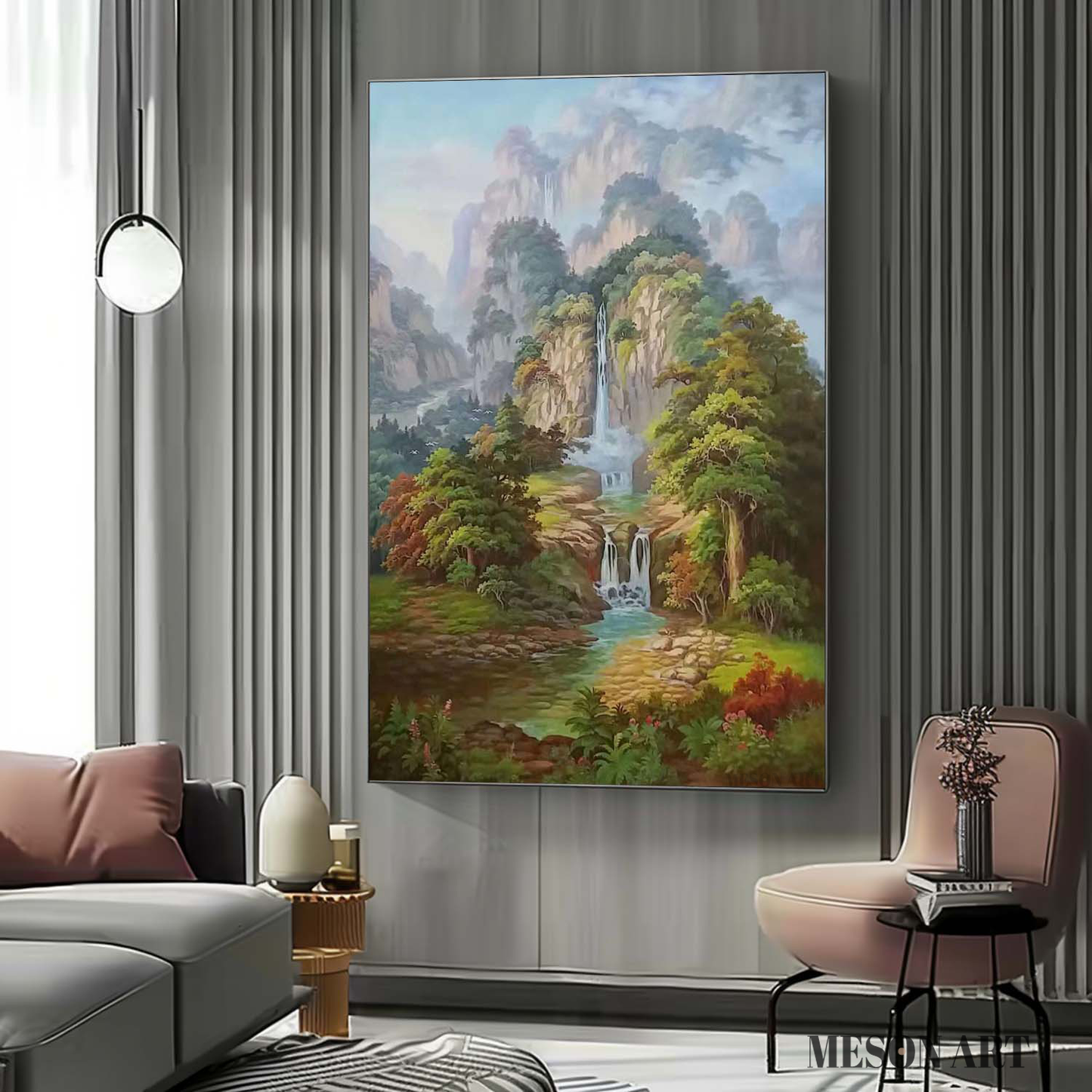 Serene Waterfall Landscape Oil Painting for Tranquil Home Décor