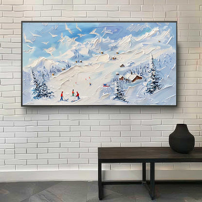 Winter Wonderland Ski Scene: Textured Oil Painting of Snowy Mountains and Adventurers