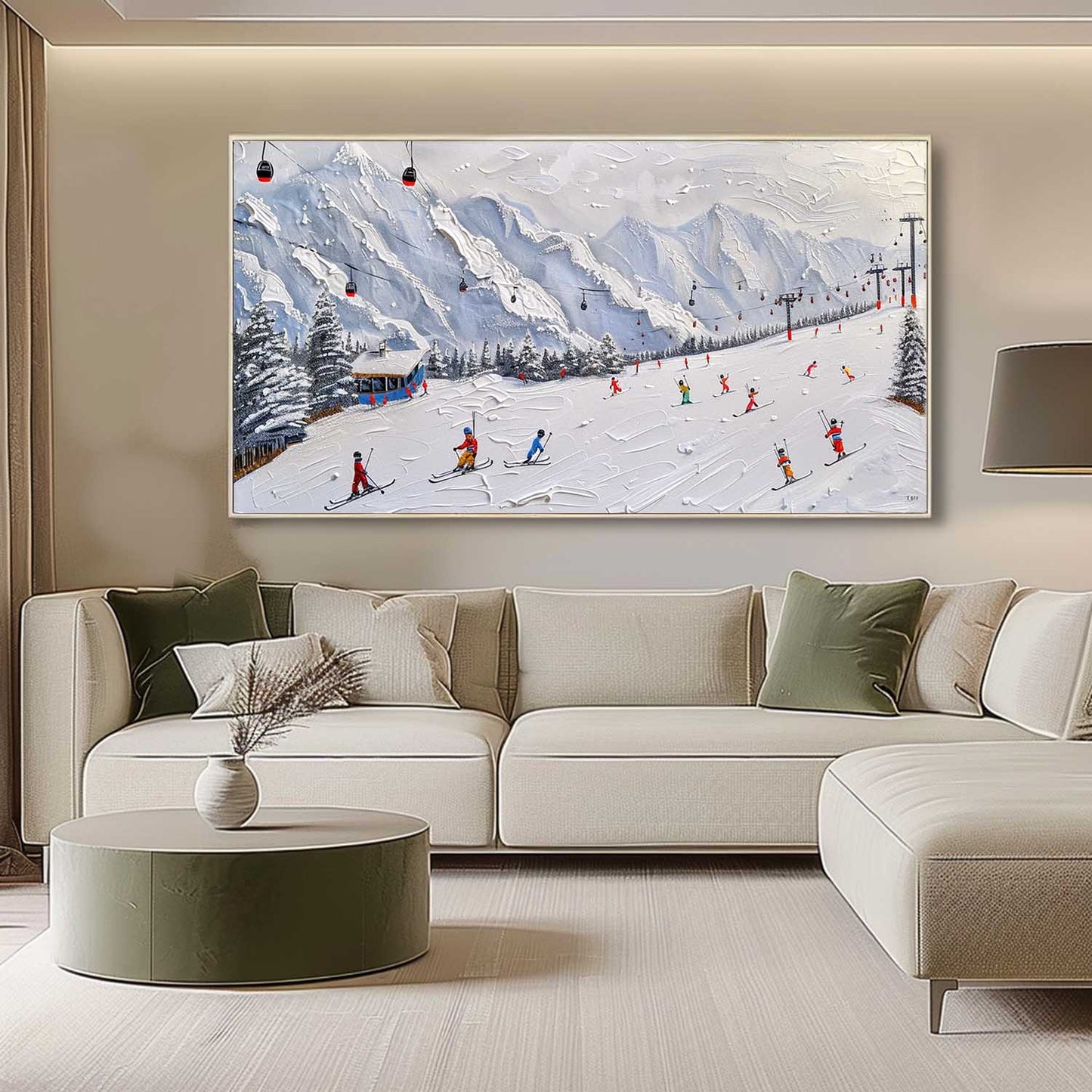 Vibrant Ski Resort Adventure Oil Painting with Textured Snowy Mountains