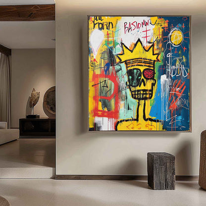 Vibrant Abstract Graffiti Painting with Skull and Crown Motif Perfect for Modern Decor