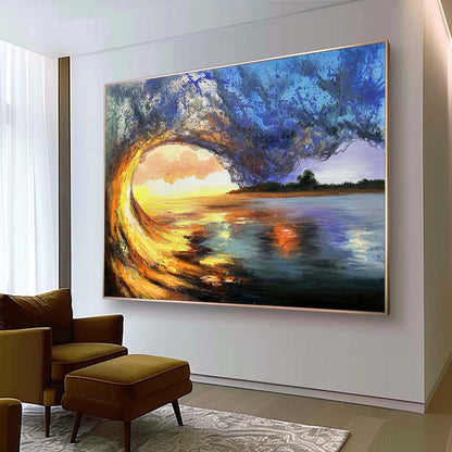 Stunning Hyperrealistic Wave Scene Oil Painting Capturing Ocean Sunset Beauty