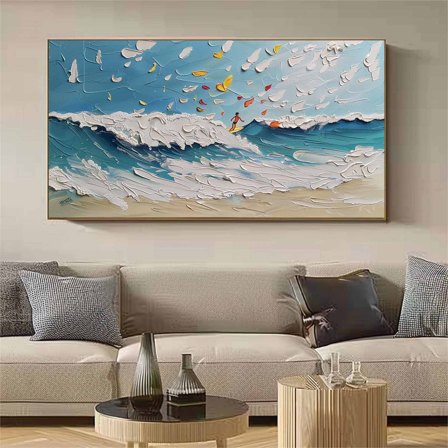 Dynamic Ocean Waves Oil Painting with Surfer and Whimsical Clouds