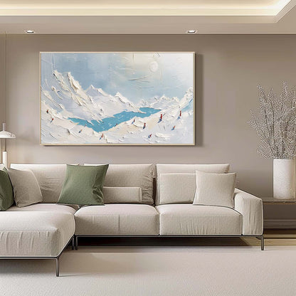 Snowy Mountain Landscape Oil Painting with Textured Plaster Finish