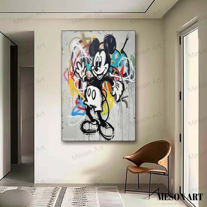 Vibrant Mickey Mouse Abstract Graffiti Oil Painting for Contemporary Home Decor