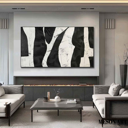 Abstract Black and White Minimalist Oil Painting for Modern Home Decor