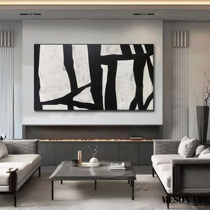 Abstract Black and White Minimalist Oil Painting for Modern Home Decor