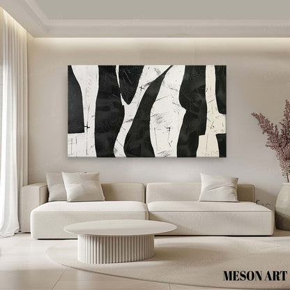 Abstract Black and White Minimalist Oil Painting for Modern Home Decor