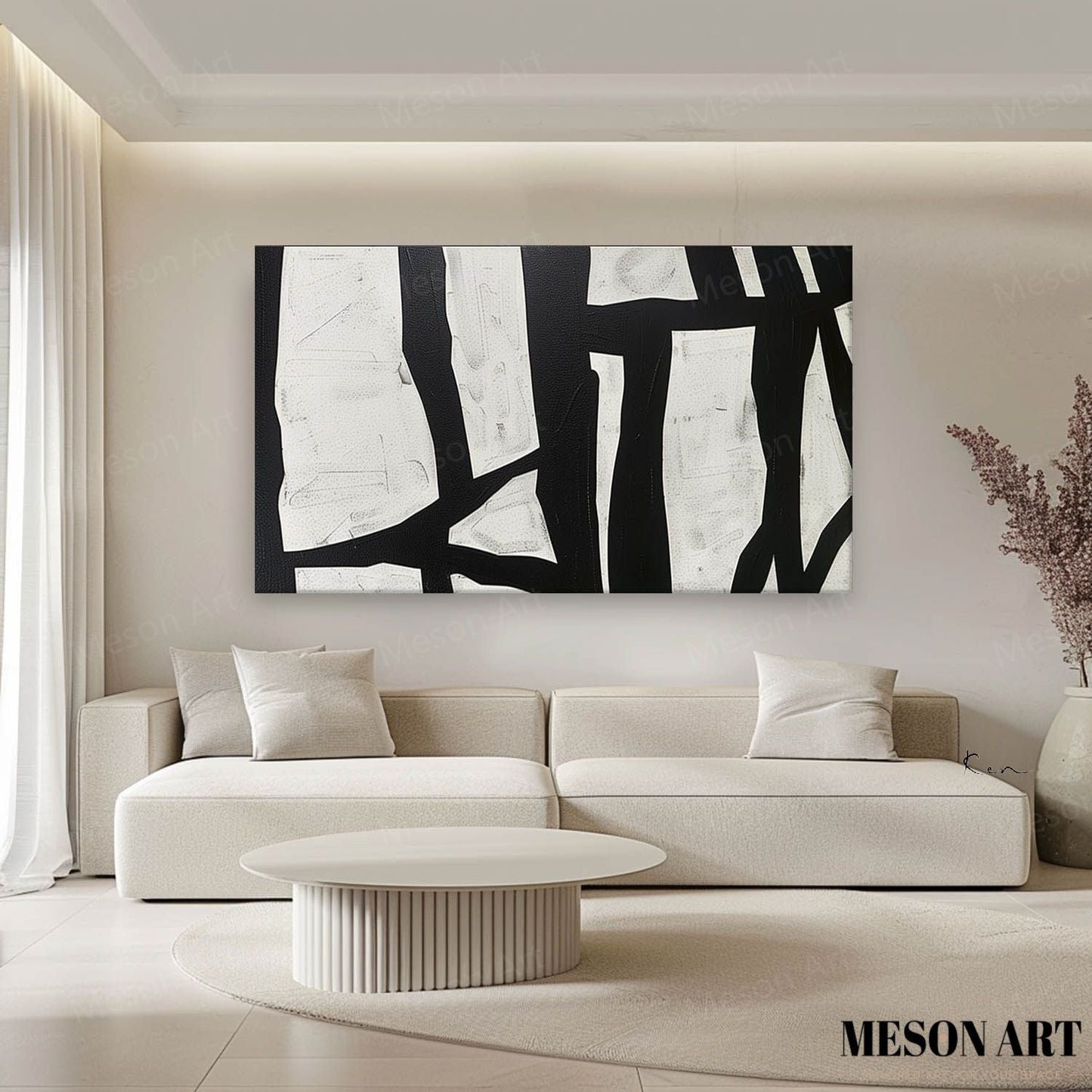 Abstract Black and White Minimalist Oil Painting for Modern Home Decor