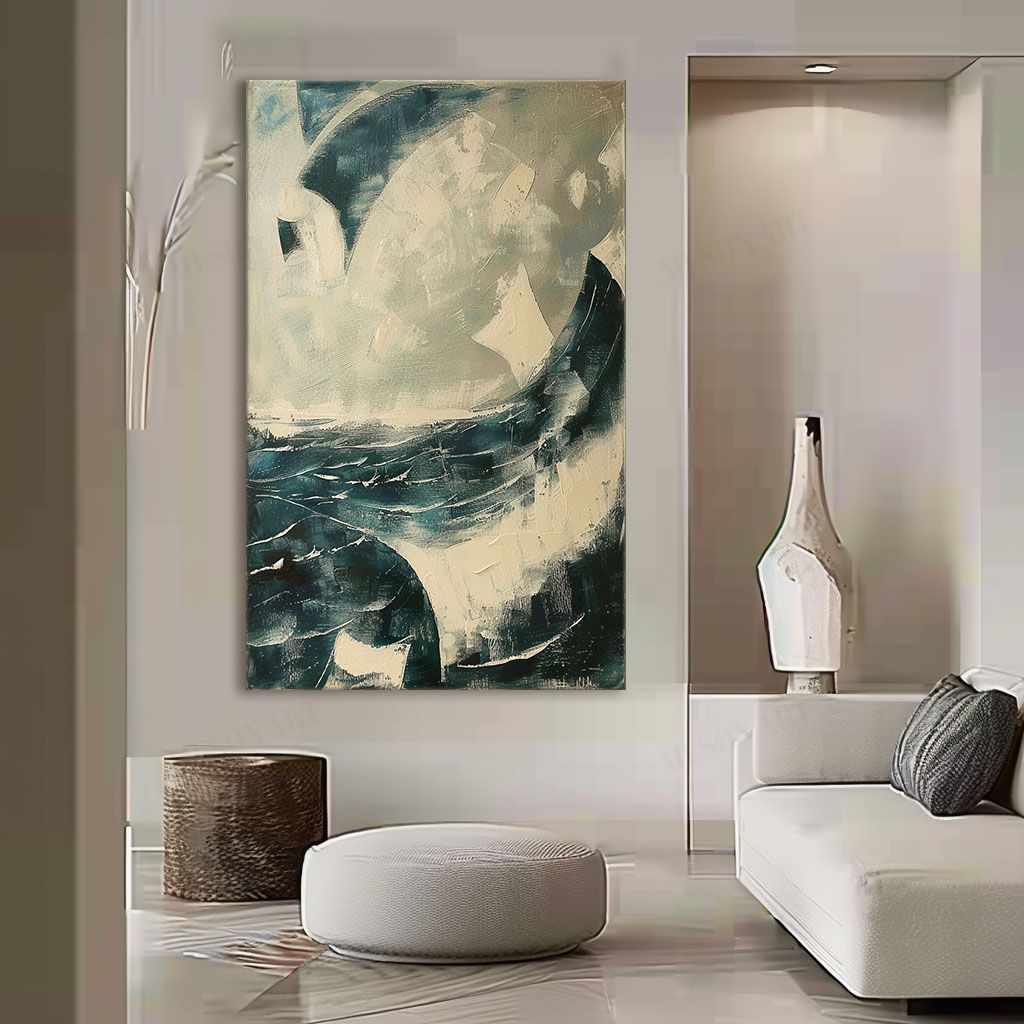 Abstract Ocean Waves Oil Painting with Textured Brushwork for Modern Decor