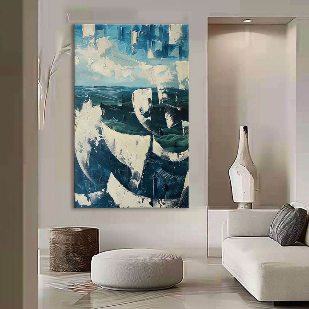 Vibrant Abstract Ocean Waves Oil Painting with Textured Plaster Finish