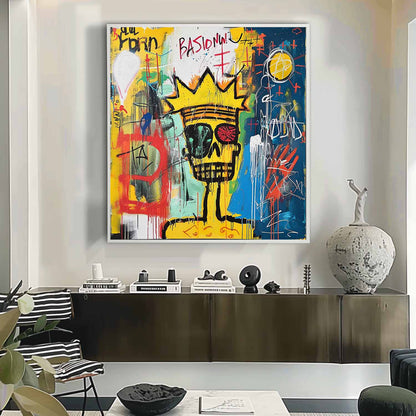 Vibrant Abstract Graffiti Painting with Skull and Crown Motif Perfect for Modern Decor