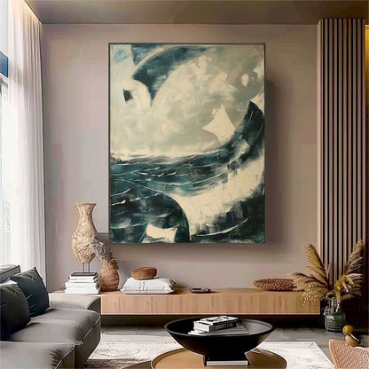 Abstract Ocean Waves Oil Painting with Textured Brushwork for Modern Decor