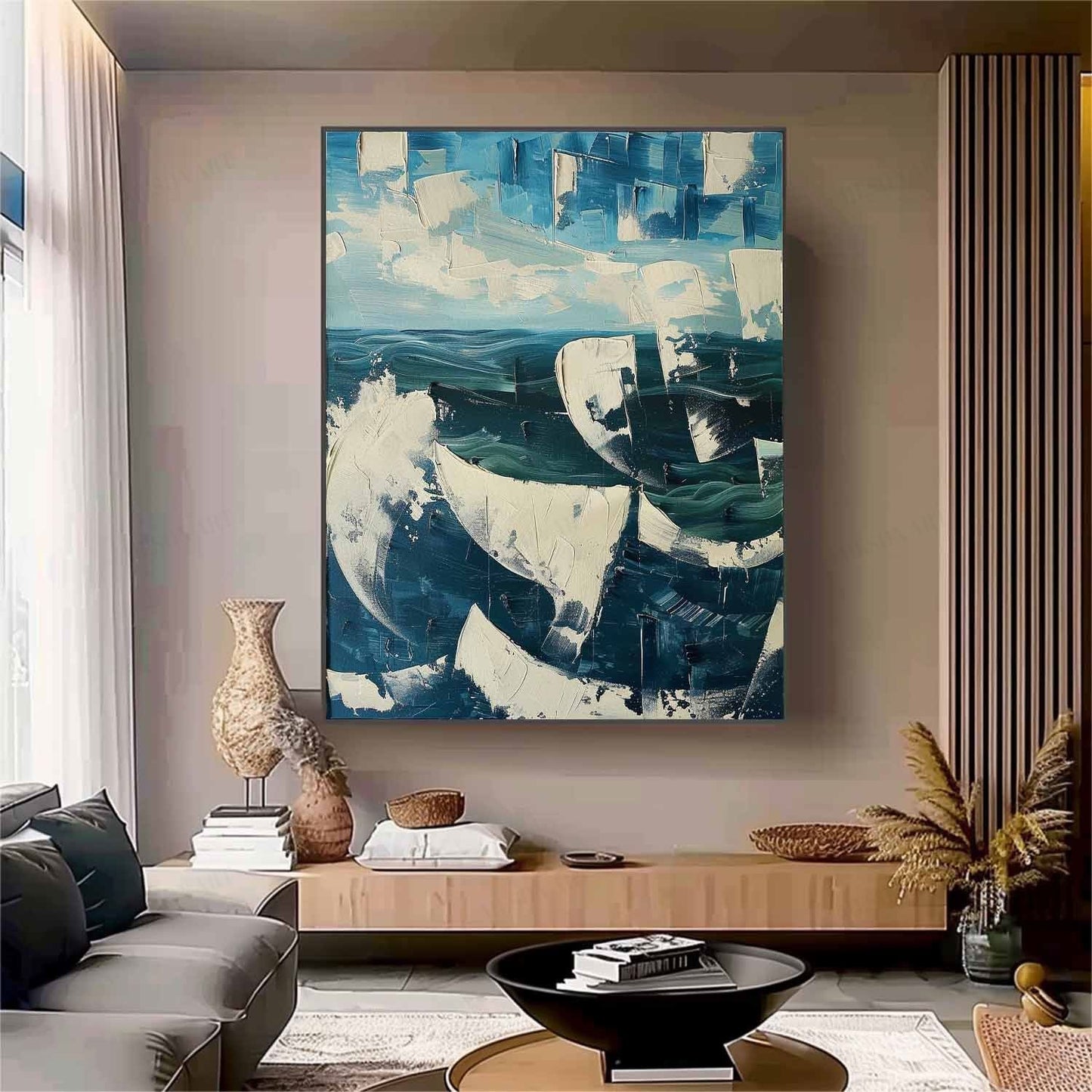 Vibrant Abstract Ocean Waves Oil Painting with Textured Plaster Finish