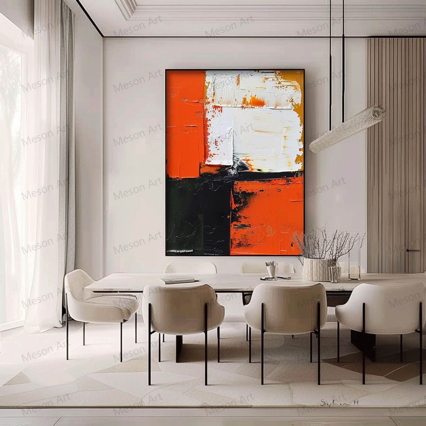 Abstract Orange and Black Oil Painting for Modern Home Decor