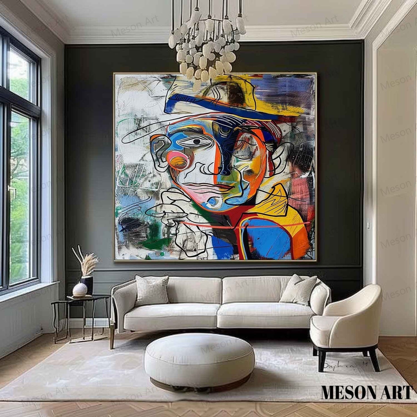 Vibrant Abstract Portrait Painting in Bold Colors for Modern Decor