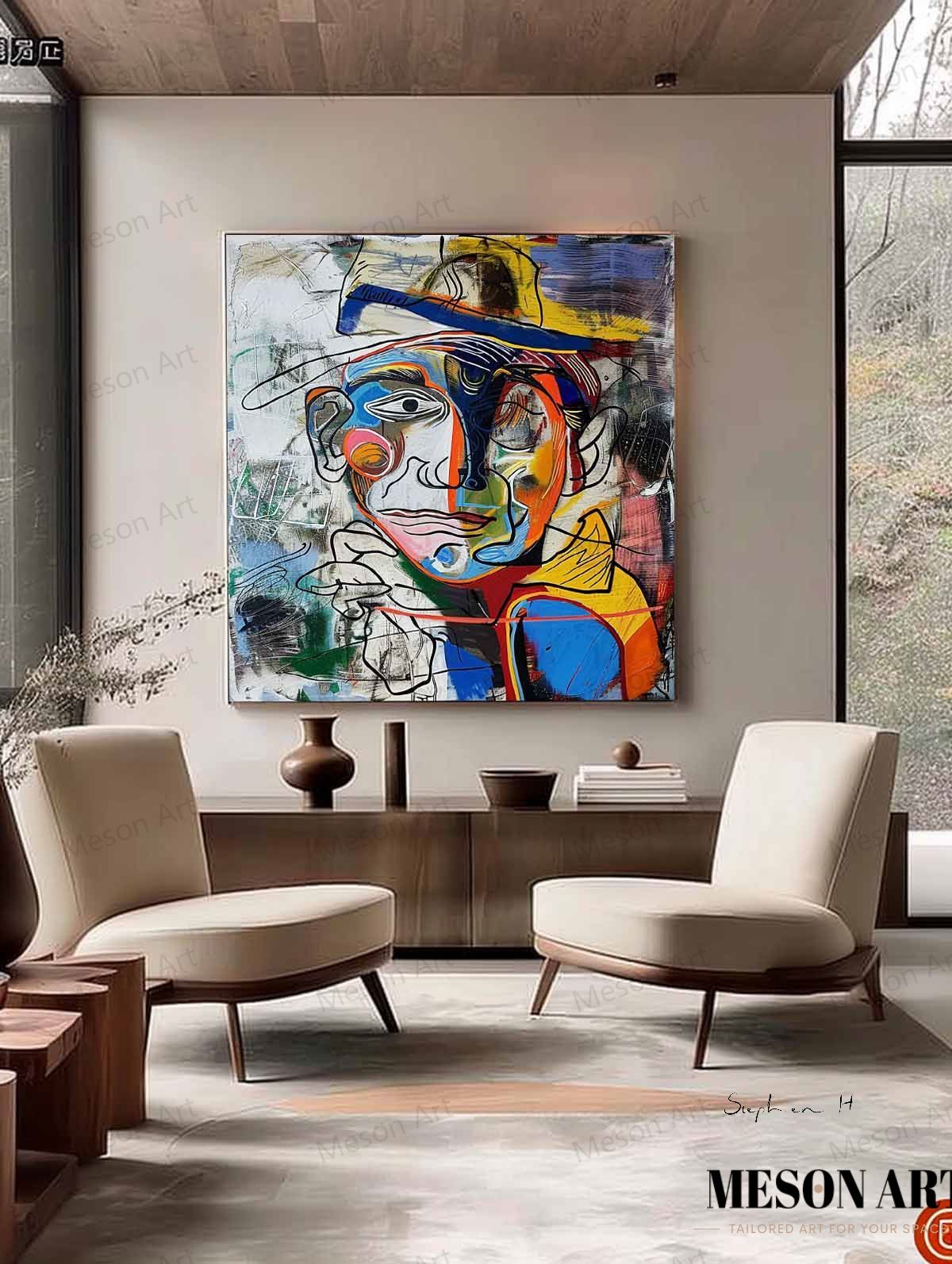 Vibrant Abstract Portrait Painting in Bold Colors for Modern Decor