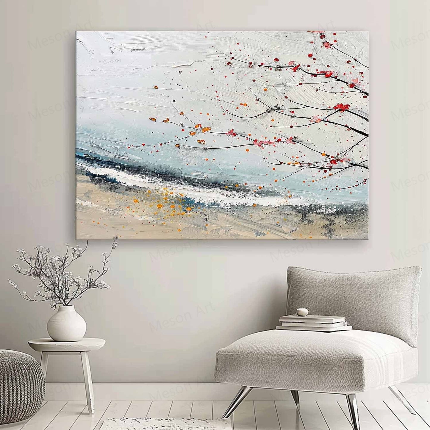 Abstract Landscape Oil Painting with Delicate Branches and Colorful Accents