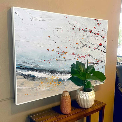Abstract Landscape Oil Painting with Delicate Branches and Colorful Accents
