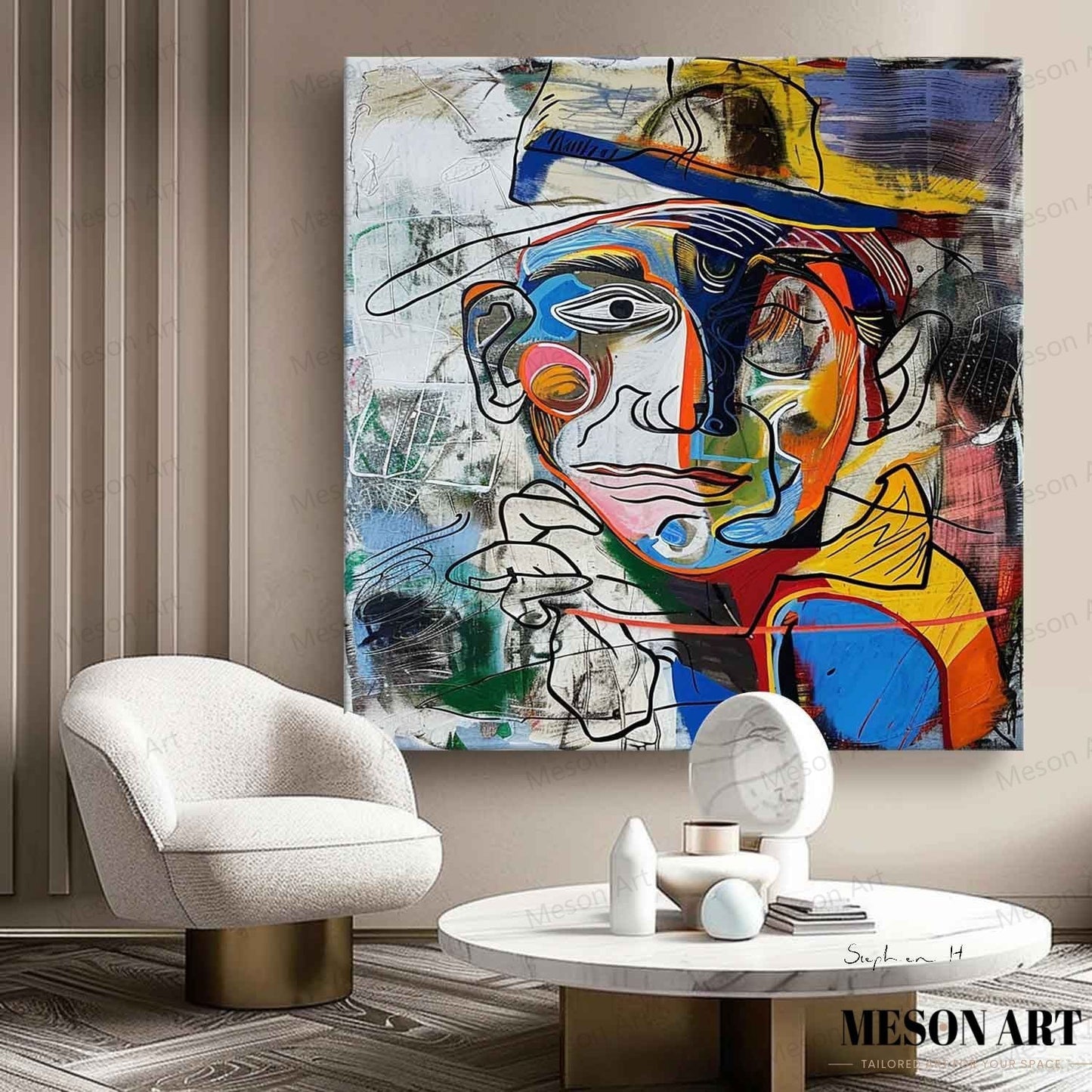 Vibrant Abstract Portrait Painting in Bold Colors for Modern Decor