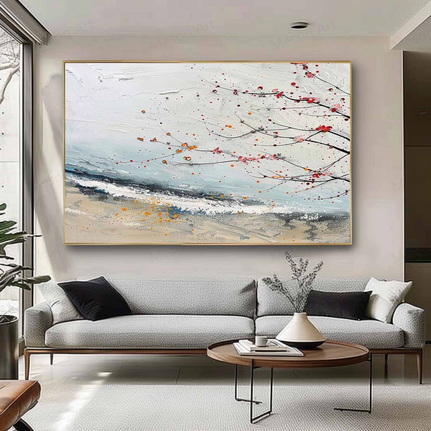 Abstract Landscape Oil Painting with Delicate Branches and Colorful Accents