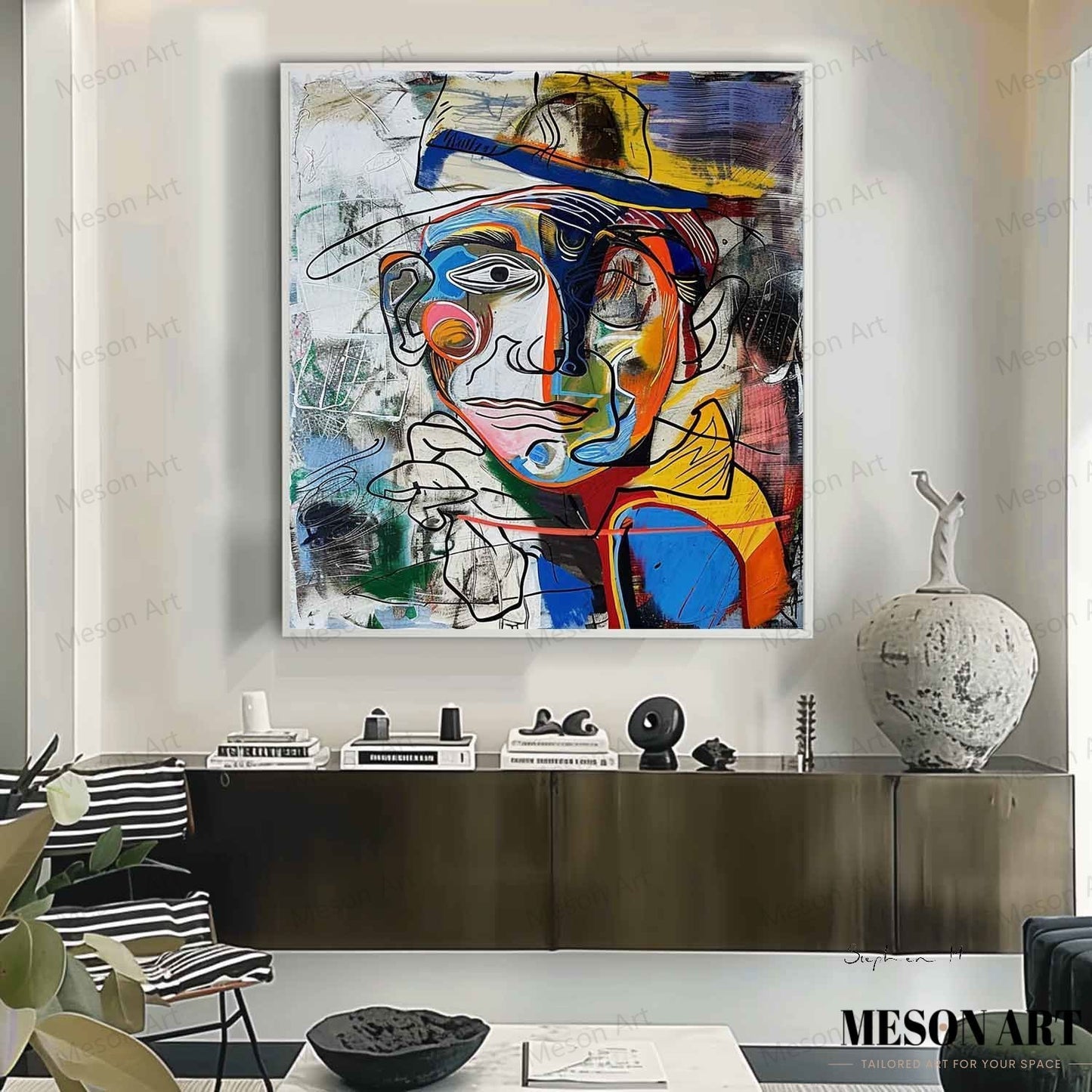 Vibrant Abstract Portrait Painting in Bold Colors for Modern Decor