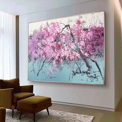 Vibrant Pink Blooms in Abstract Landscape - Stunning Oil Painting for Home Décor