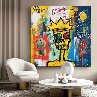 Vibrant Abstract Graffiti Painting with Skull and Crown Motif Perfect for Modern Decor