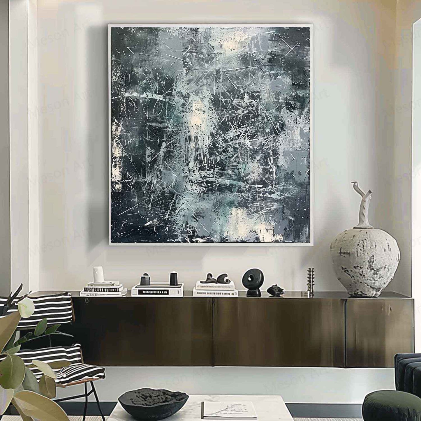 Contemporary Abstract Oil Painting with Textured Layers and Dynamic Brushstrokes