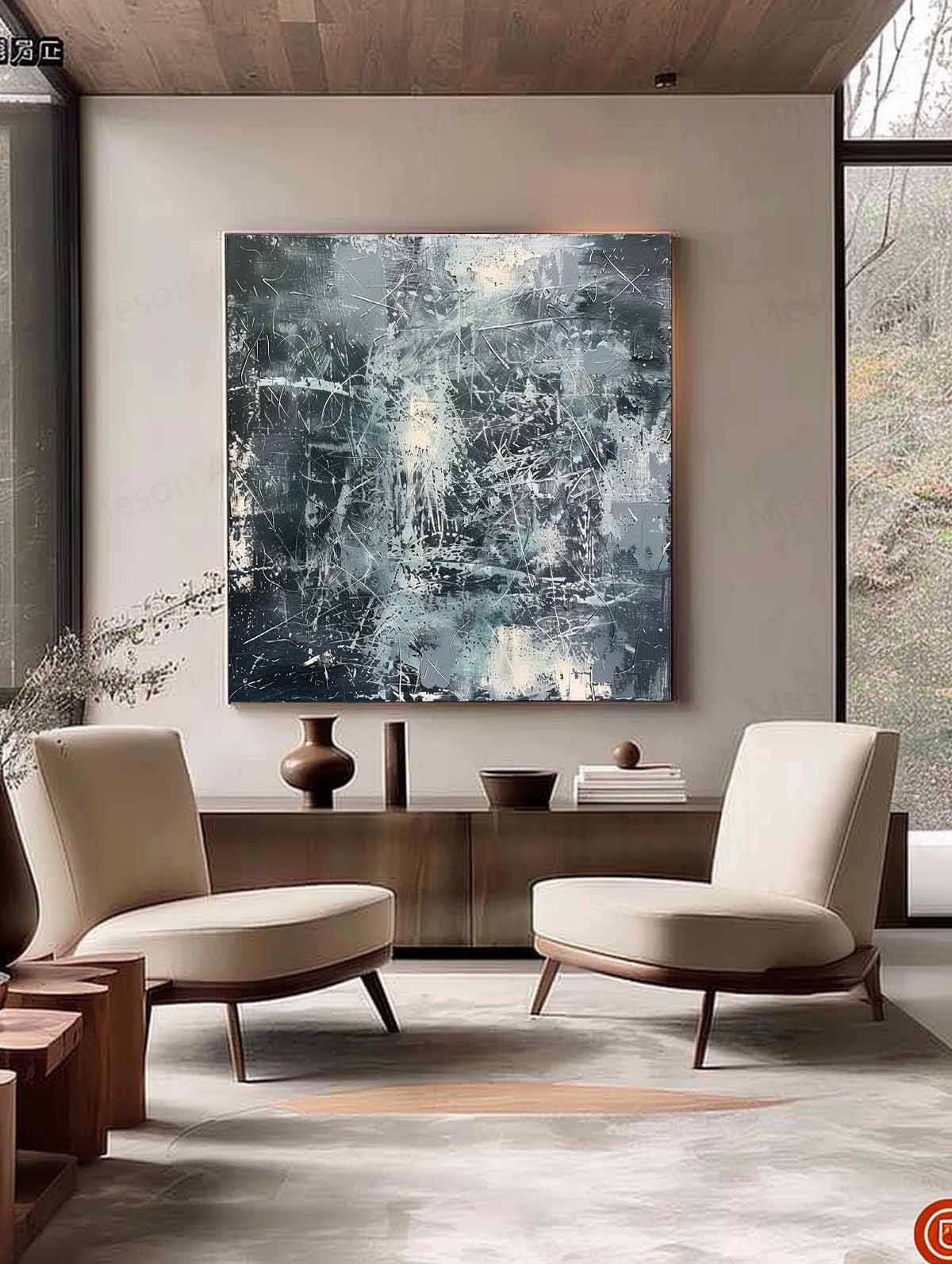 Contemporary Abstract Oil Painting with Textured Layers and Dynamic Brushstrokes