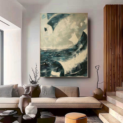 Abstract Ocean Waves Oil Painting with Textured Brushwork for Modern Decor