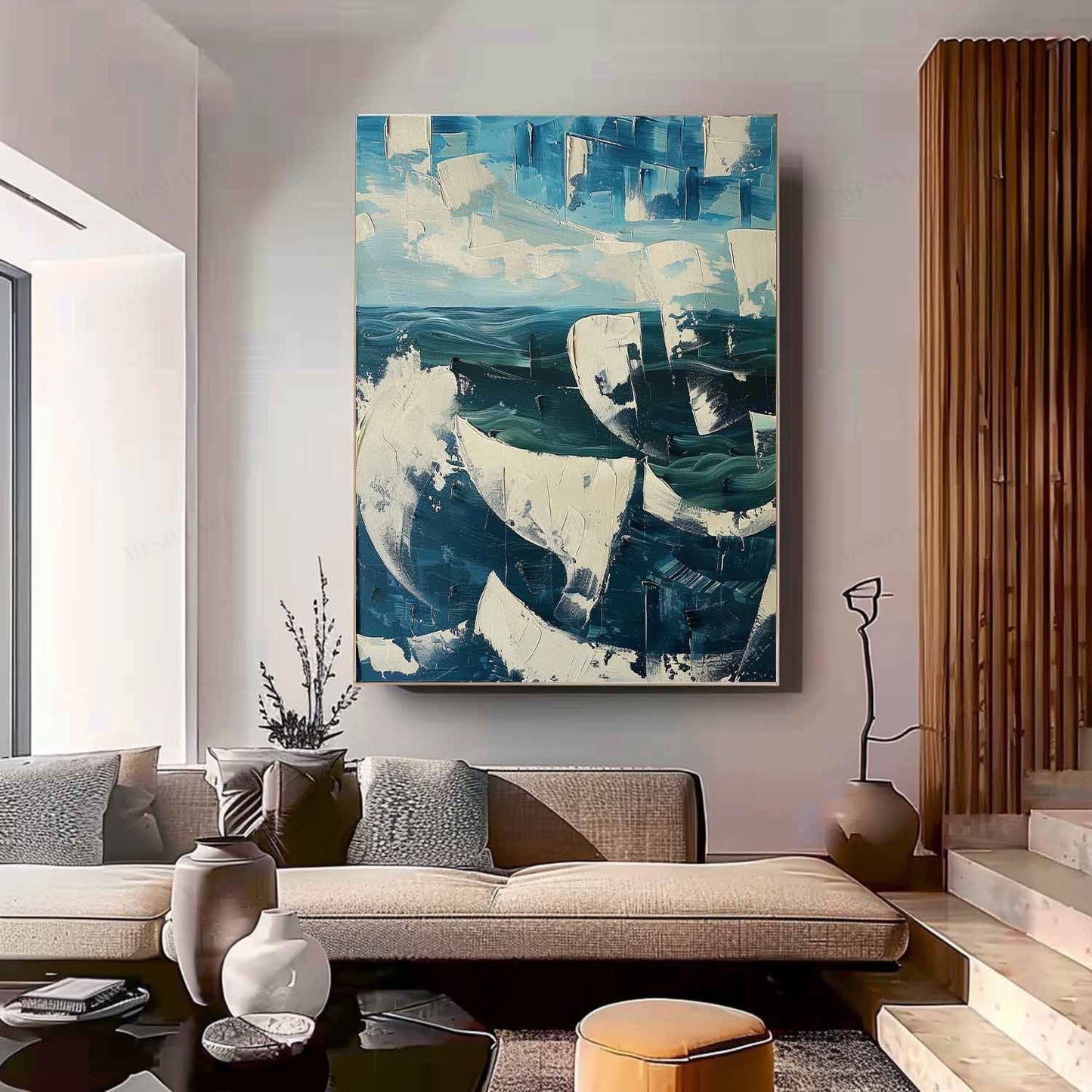 Vibrant Abstract Ocean Waves Oil Painting with Textured Plaster Finish