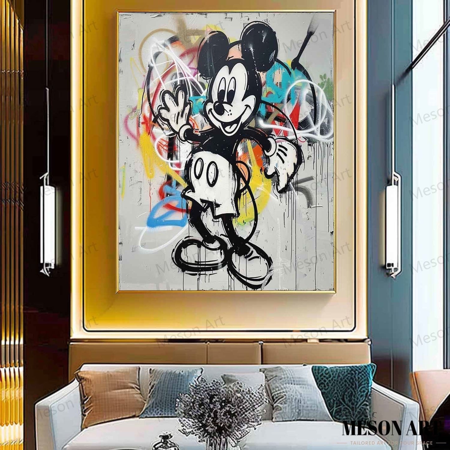 Vibrant Mickey Mouse Abstract Graffiti Oil Painting for Contemporary Home Decor