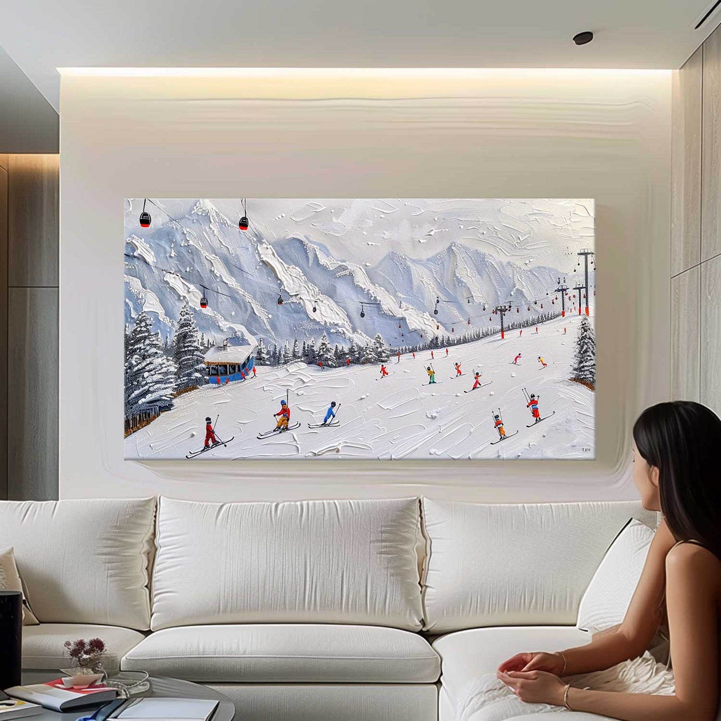 Vibrant Ski Resort Adventure Oil Painting with Textured Snowy Mountains