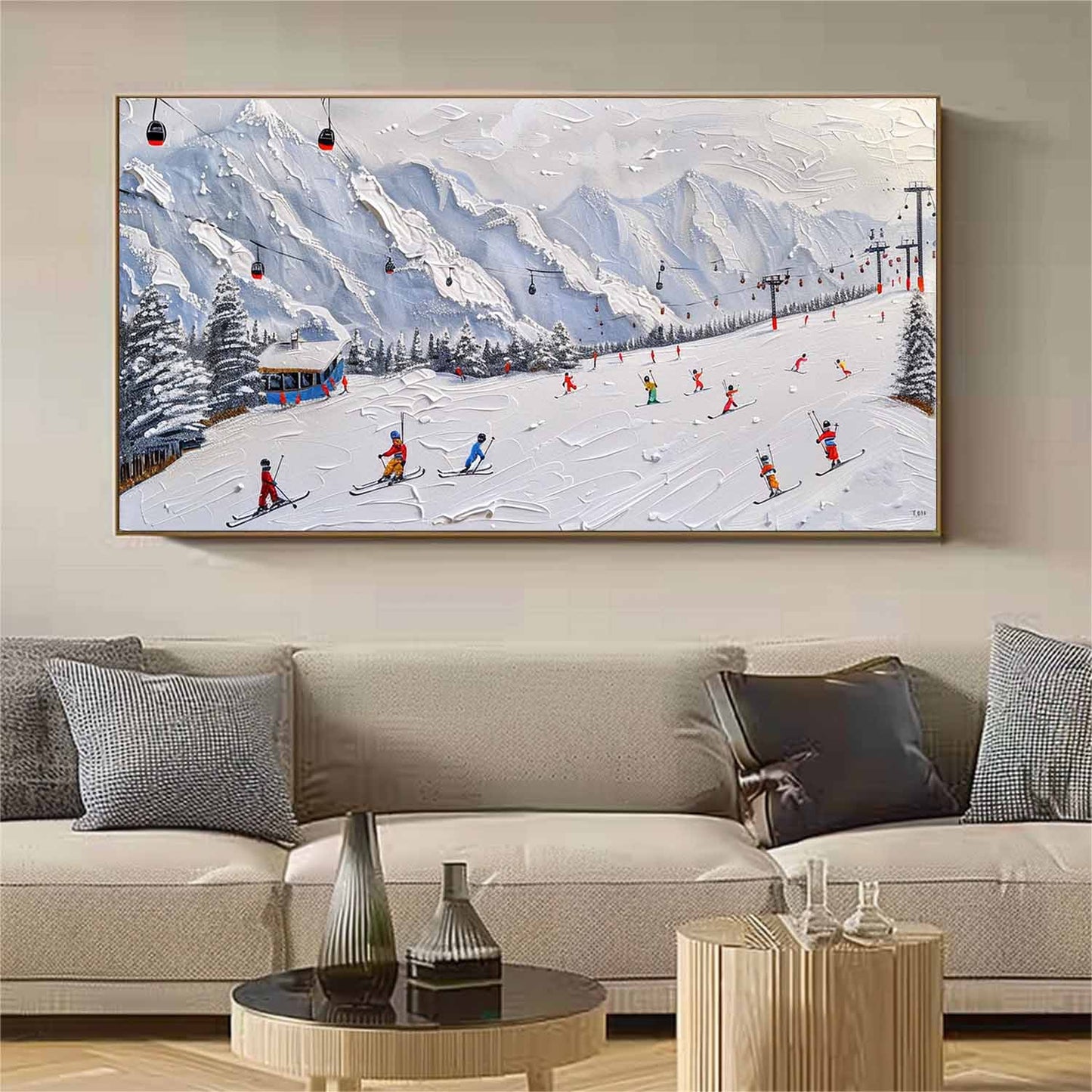 Vibrant Ski Resort Adventure Oil Painting with Textured Snowy Mountains