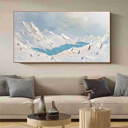 Snowy Mountain Landscape Oil Painting with Textured Plaster Finish