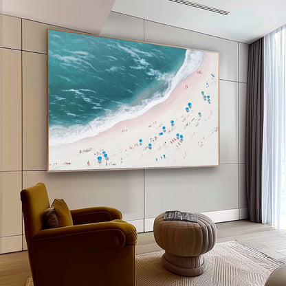 Serene Beachscape Oil Painting with Vibrant Ocean and Sunbathers