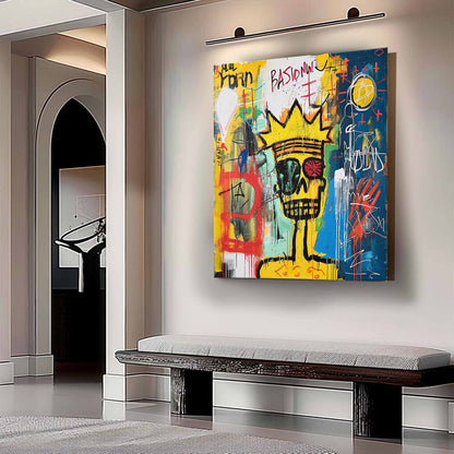 Vibrant Abstract Graffiti Painting with Skull and Crown Motif Perfect for Modern Decor