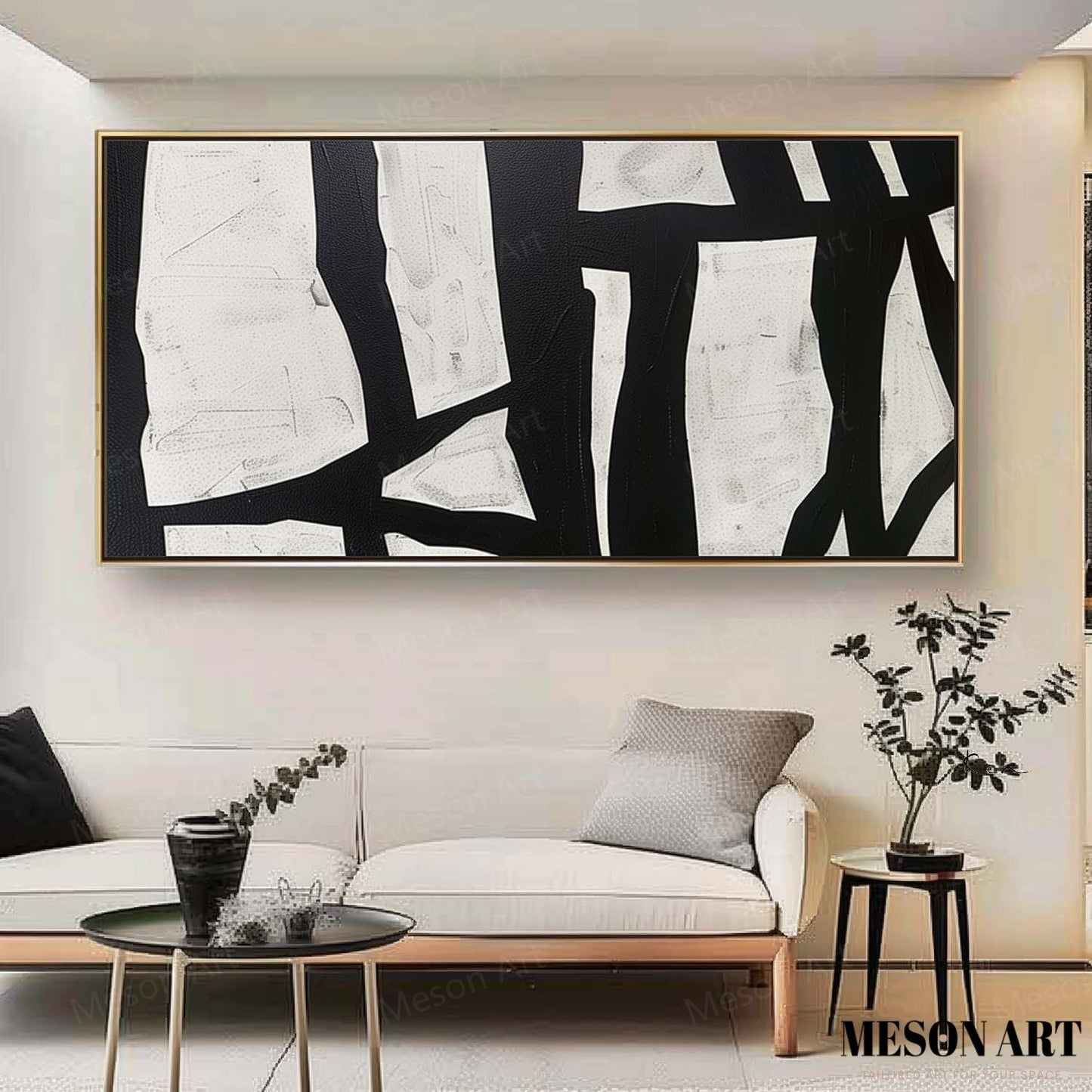 Abstract Black and White Minimalist Oil Painting for Modern Home Decor