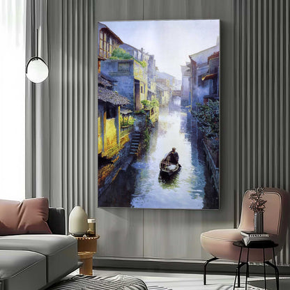Tranquil Waterway: Stunning Hyperrealistic Oil Painting of a Serene Canal Scene